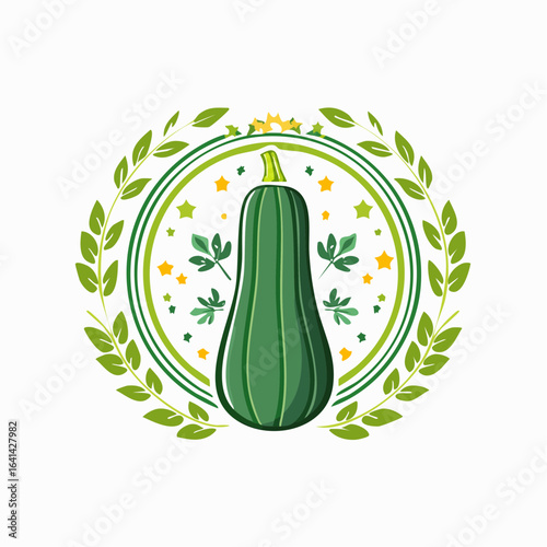 Stylized depiction of a butternut squash surrounded by botanical elements for branding