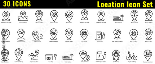 Location map pin icon, location address symbol of pharmacy, police station, school, university, hospital, library, park, grocery store, atm, bank, tax stand, gas station, metro station etc