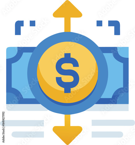 Vector art of financial concept with dollar symbol on coin and banknote, representing money flow and transactions