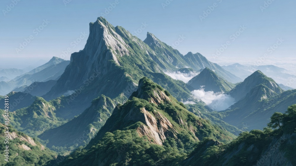 Fototapeta premium Majestic mountain landscape with rugged peaks and lush greenery under a clear sky.
