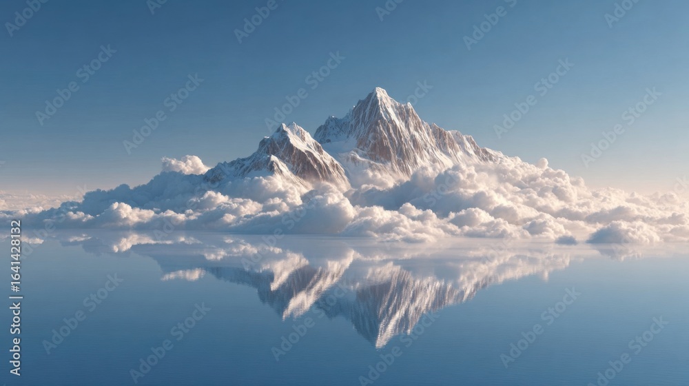 Obraz premium Majestic mountain peak rising above clouds, mirrored in calm water below.