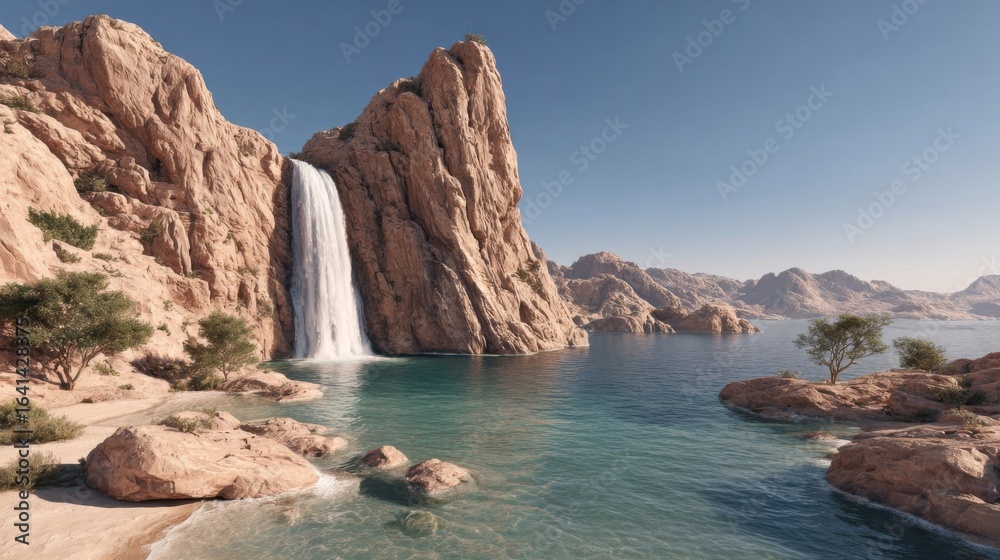 Naklejka premium Scenic waterfall cascading into a tranquil water body, surrounded by rocky cliffs and greenery.