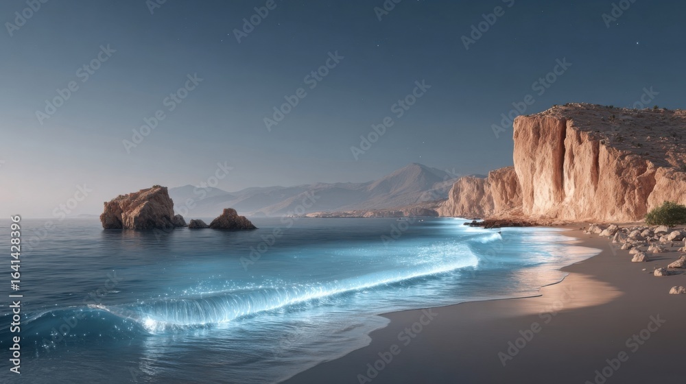Obraz premium Serene beach scene at twilight with glowing waves and rocky cliffs.