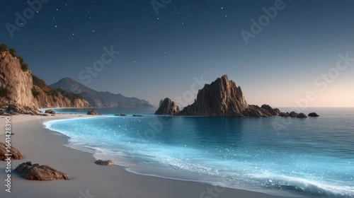 Serene beach scene with illuminated water and rugged rock formations under a starry sky.