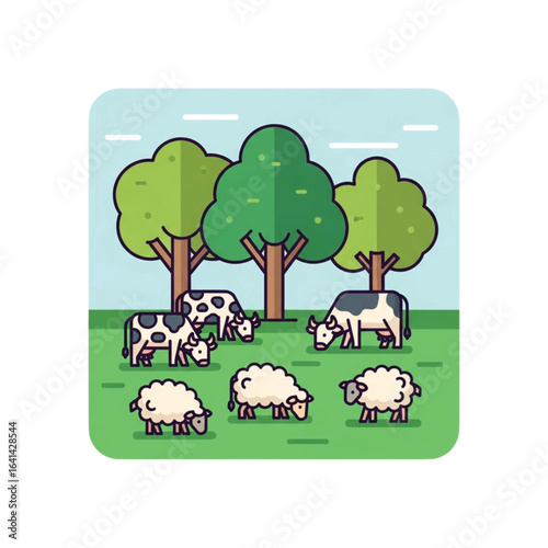 Peaceful pasture scene with grazing cows and sheep under leafy trees.