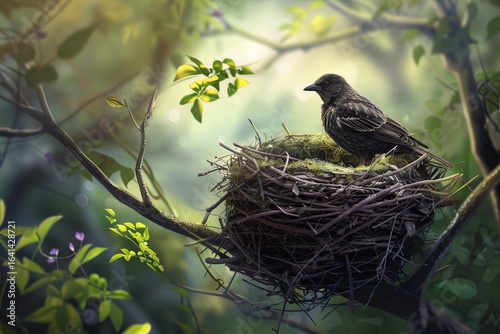 Small bird perched on its nest in a vibrant green forest, enjoying the tranquility of nature