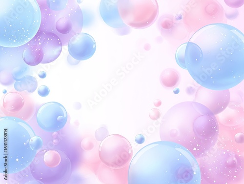 Delicate, pastel-colored spheres, resembling bubbles, create a soft, airy, and whimsical border around a white space.  Soft gradients of light purple, pink, and light blue fill the background