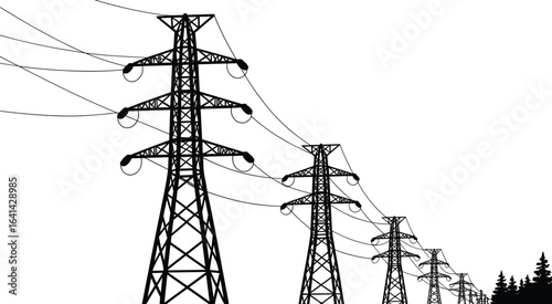 High voltage power lines with metal transmission towers stretching into distance, electric poles, electrical infrastructure, energy distribution, landscape silhouette, vector illustration