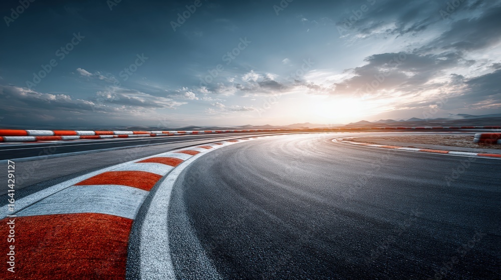 Naklejka premium Dramatic Asphalt Race Track Curve with Sunset and Cloudscape for Racing or Motorsports Background
