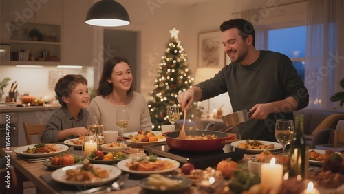 Family enjoying a festive dinner together around a table filled with food and holiday decorations