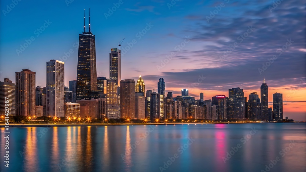Fototapeta premium Chicago skyline at dusk with illuminated skyscrapers reflecting on Lake Michigan 