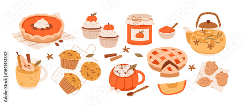 Autumn desserts with pumpkin pie, cupcakes, cookies, and hot drinks. Fall bakery treats. Seasonal food set for bakery, cozy holiday, and kitchen themes. Flat vector illustration.