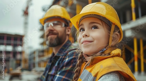 A young girl and a man wearing yellow hard hats at a construction site. The girl has long brown hair in braids. The man has a beard and glasses.