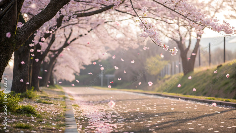 Naklejka premium Beautiful Cherry Blossom Season Falling Petals Lining A Quiet Road In Spring Sunlight