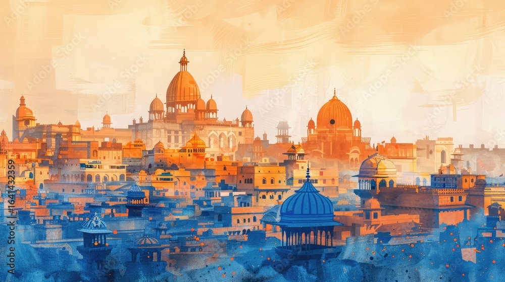 Fototapeta premium A vibrant cityscape at sunset, showcasing historical architecture with domes and towers. The sky is painted in warm orange and blue hues.