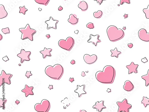 Delicate, scattered pattern of hearts and stars in soft pink on white