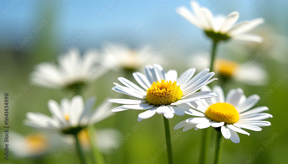 Fototapeta premium Close up of white daisies with yellow centers in a sunny meadow