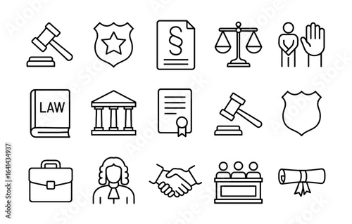 Law and justice icons collection in minimalist outline style for legal professionals