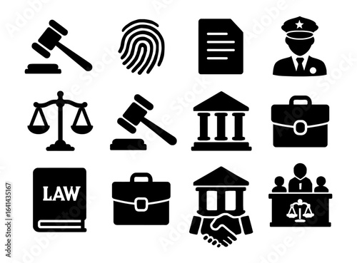 Legal justice icons set featuring gavel, scales, and court symbols in black silhouette