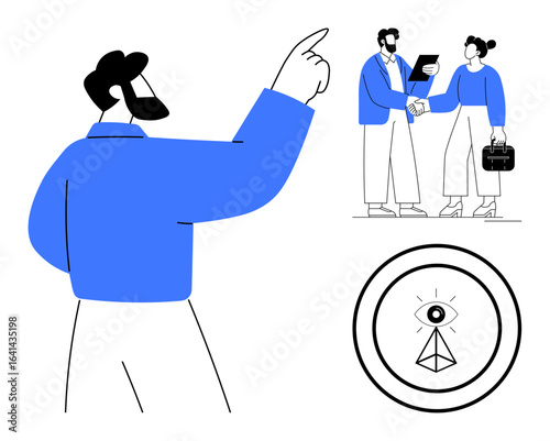Wallpaper Mural Man pointing ahead, two professionals shaking hands holding documents and briefcase, and an eye pyramid symbol. Ideal for leadership, decision-making, teamwork, success, partnership, vision Torontodigital.ca