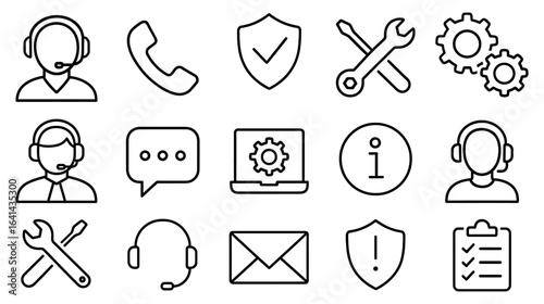Customer support icon set with tools and communication symbols in line art style