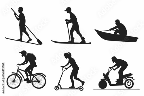 Silhouettes of people engaged in various outdoor sports and activities