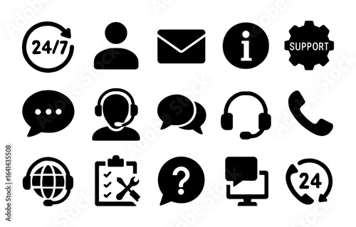 Customer service icons set with headsets, chat bubbles, and support tools