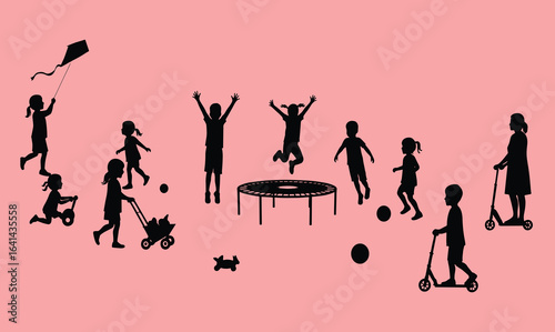 Children playing outdoors, kids flying kite, riding scooter, trampoline fun, playground activities, summer games, happy childhood, active lifestyle, silhouette design, joy