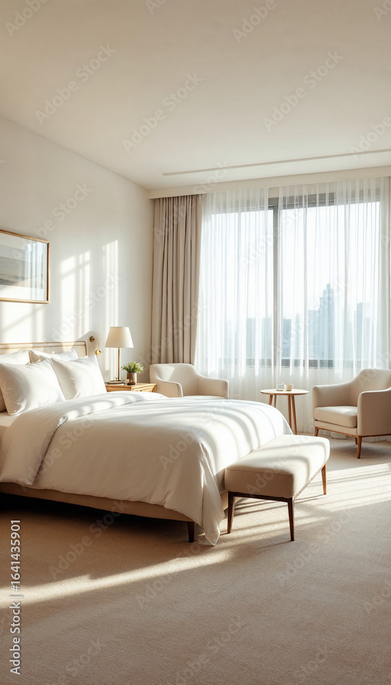 Fototapeta premium Wide-angle view of a bright, elegant hotel room with white linens and warm daylight. 