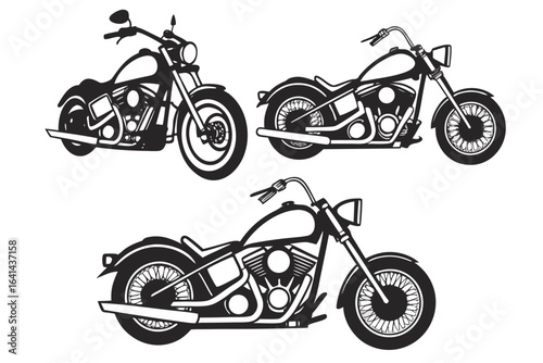 Three vintage style cruiser motorcycles in a row illustration