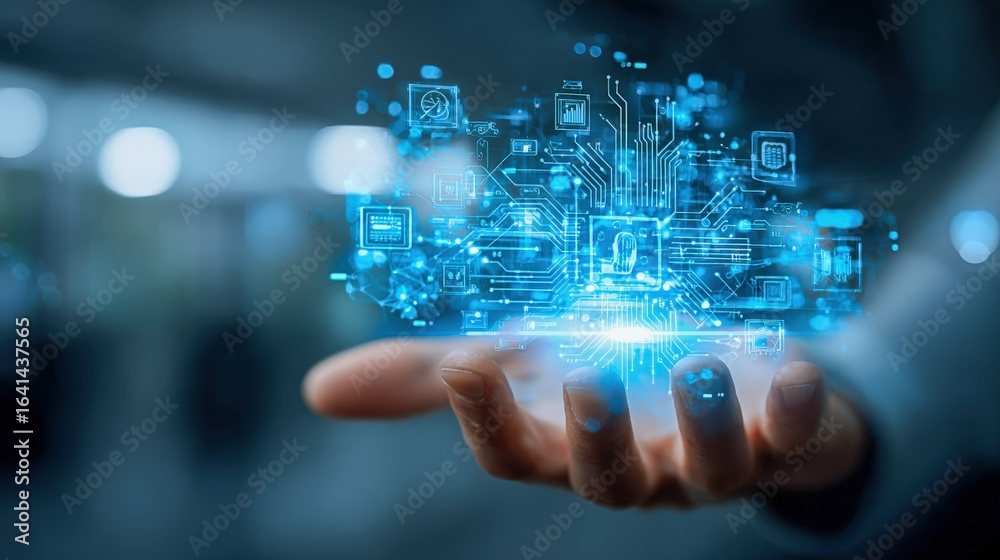 Fototapeta premium Futuristic Technology Concept: Holographic Display in Hand, Representing Advanced Connectivity and Artificial Intelligence Solutions
