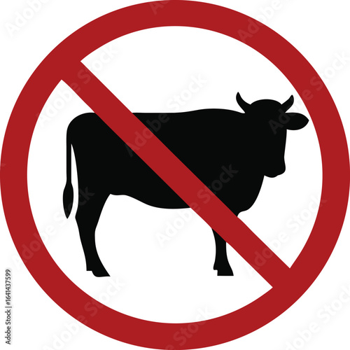 Prohibited pictogram of do not eat animal meat, vegan sign, vegetarian symbol, with silhouette of cow
