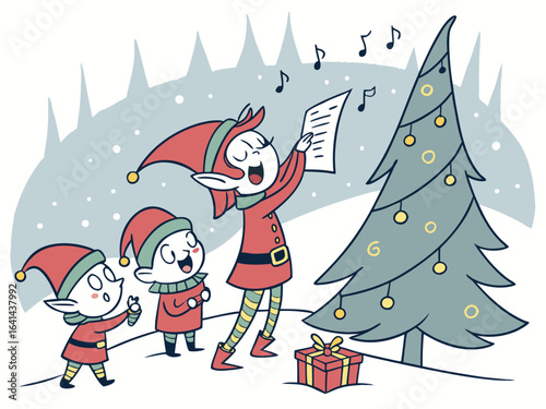 Christmas elves singing carols around decorated christmas tree