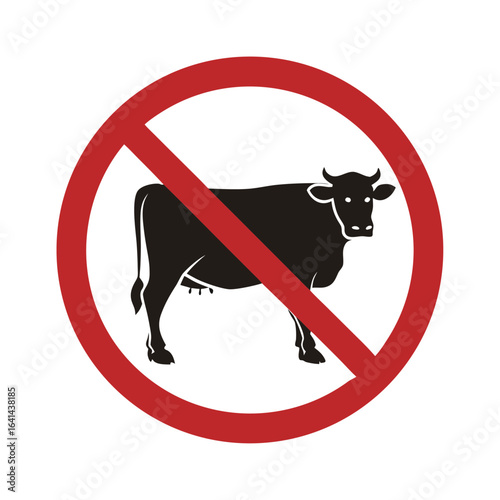 Prohibited pictogram of do not eat animal meat, vegan sign, vegetarian symbol, with silhouette of cow
