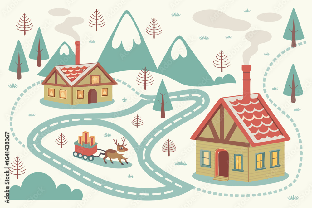 Naklejka premium Whimsical village scene illustration with houses, mountains, and reindeer sleigh 