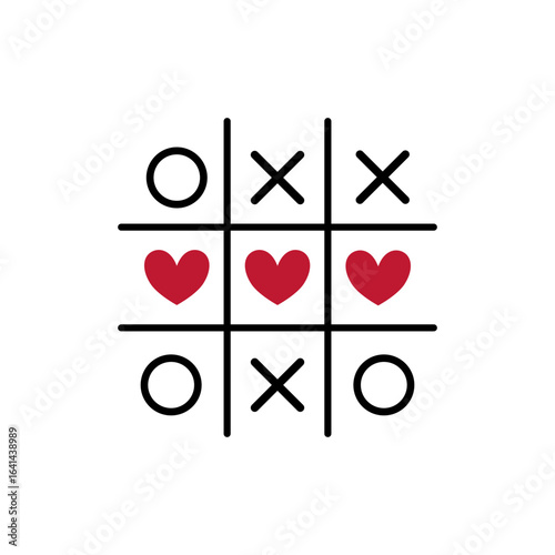 Tic tac toe game with hearts. Romantic game of tic tac toe love print . Vector illustration