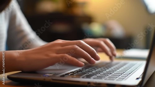 Woman typing on laptop with hands on keyboard in home office  