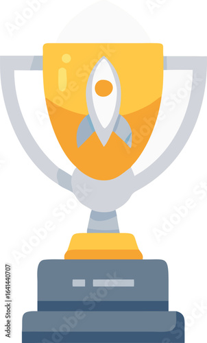 Vector art of golden rocket trophy award for business startup success and innovation, isolated on white background