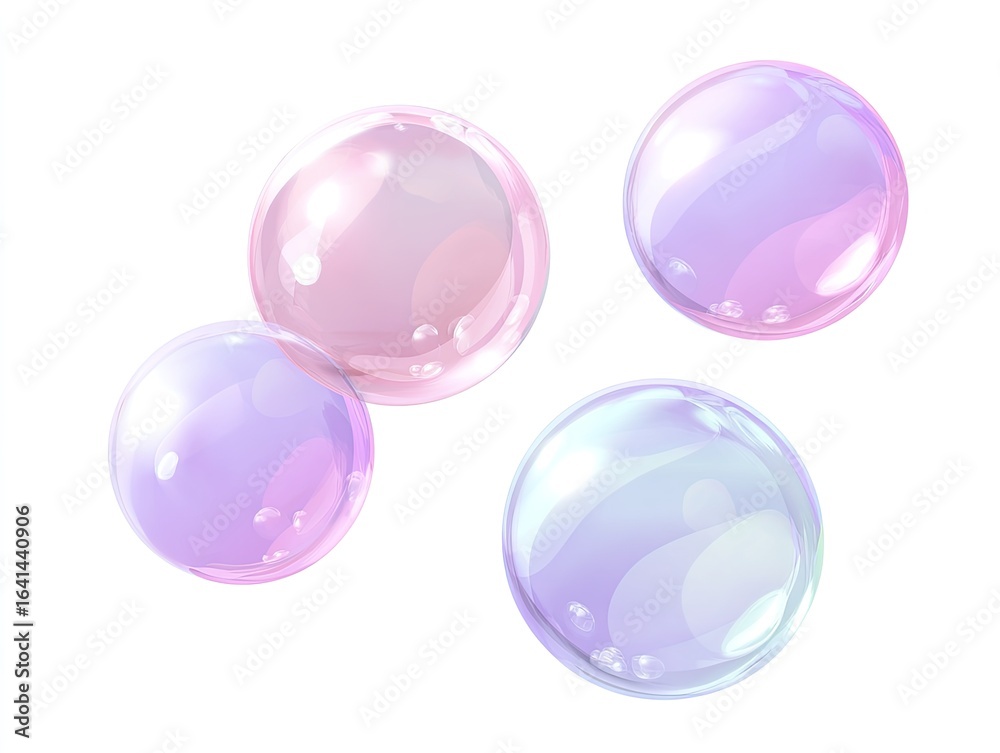 Obraz premium Four translucent, iridescent bubbles in pastel shades of pink and lavender, set against a white background. The bubbles have a slightly textured surface, suggesting soapy film