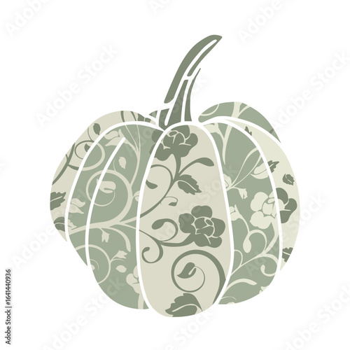 Pastel green pumpkin with floral shabby chic pattern in flat vector style. Ideal for autumn home decor, Thanksgiving invitations, rustic crafts, seasonal wall art, and printable harvest designs