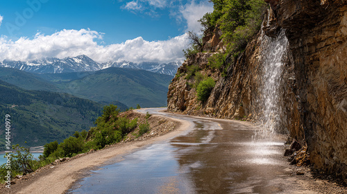 Winding Road with Steep Cliff, Waterfall, and Snow-Capped Mountains Under Clear Sky, Conveying Nature's Beauty and Grandeur