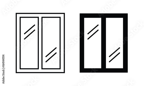 Minimalist illustration of two sliding window icons, one with a black outline and the other solid black. Simple design concept suitable for architecture, construction, and home decor visuals.
