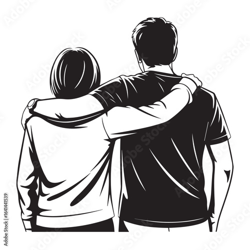 Couple embracing with arms around each other looking away