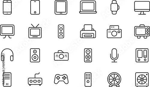 Collection of hand drawn icons representing various electronic devices and gadgets for technology and digital concepts