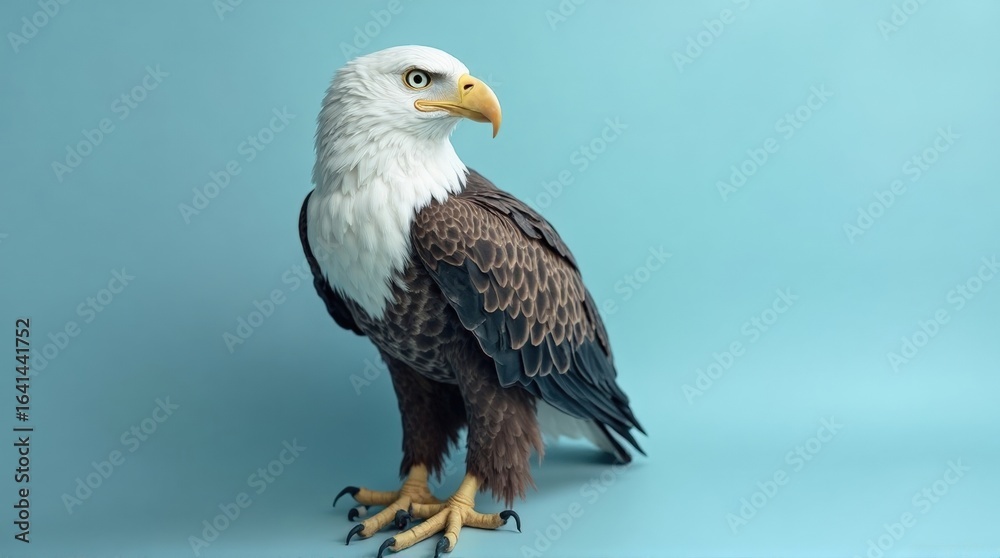 Fototapeta premium Majestic Bald Eagle Standing on Blue Background with Sharp Eyes and Detailed Feathers