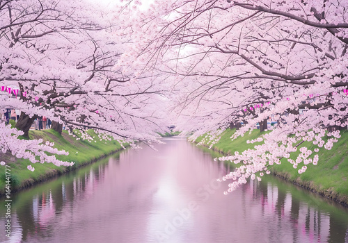 Pink cherry blossom trees bloom beautifully over the lake, their reflection shimmering on the water during the vibrant spring season