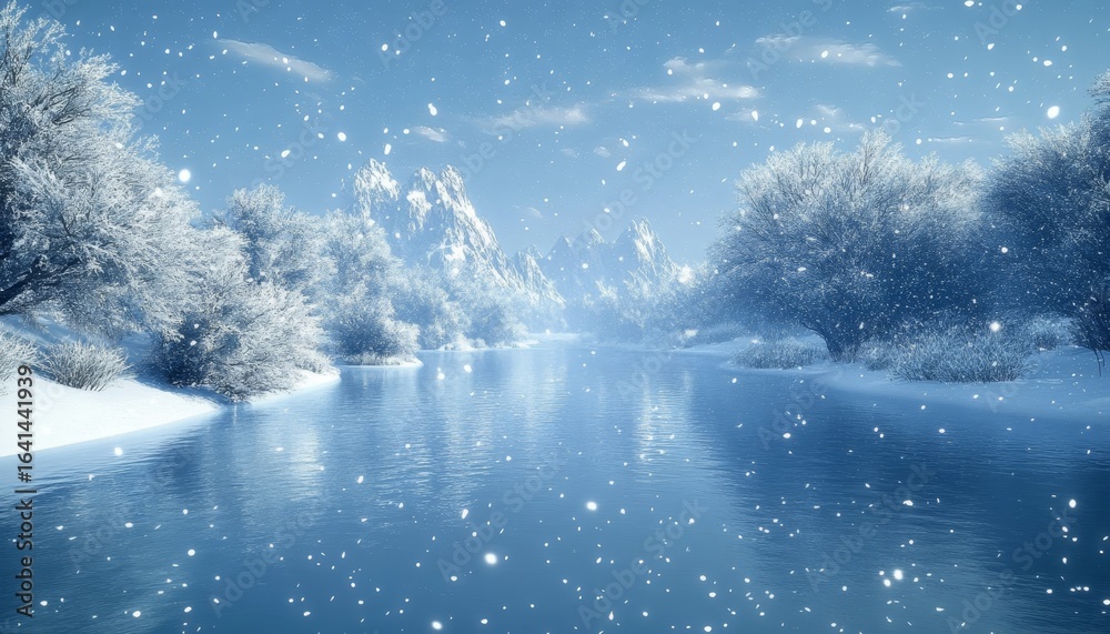 Fototapeta premium A Serene Winter Wonderland Featuring Snow-Covered Pines, Calm Lakes, and Majestic Mountain Peaks