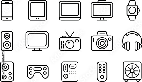 Collection of hand drawn outline icons representing various modern electronic devices and gadgets for everyday use