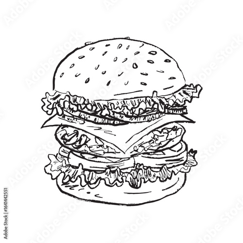 Big burger design with cheese, salad leaf, beef cutlet sesame in black brush stroke texture isolated on white. Hand drawn vector sketch illustration in vintage charcoal ink. Print design, logo, menu