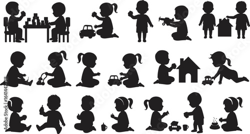 kids playing silhouette vector, children activity clipart, toddlers toy icons, preschool learning figures, baby interaction graphics, child development illustration, black design set